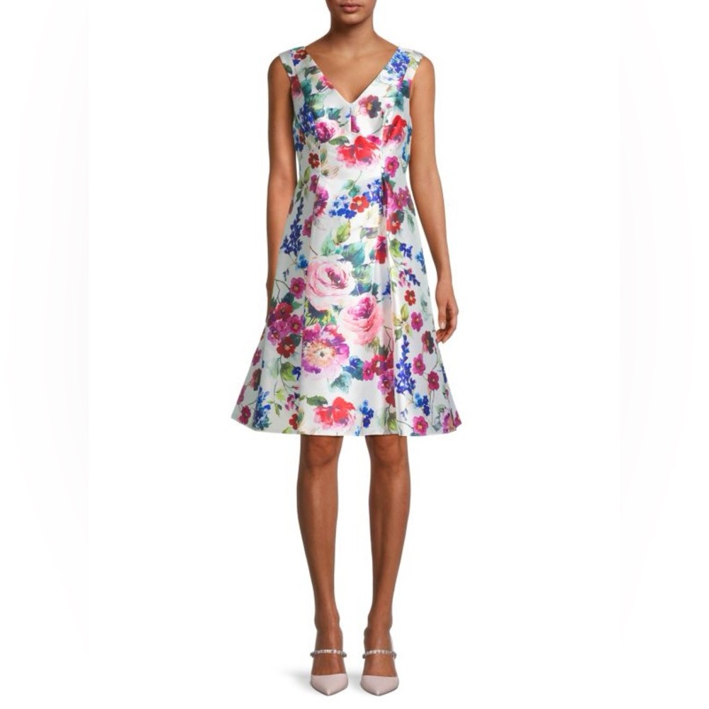 Adrianna Papell White Floral V-Neck Midi Dress